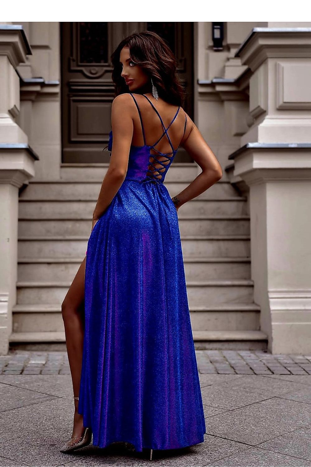 Full view of the elegant long dress with a slit, designed by With You, ideal for evening events and stylish gatherings.