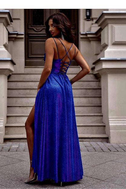 Full view of the elegant long dress with a slit, designed by With You, ideal for evening events and stylish gatherings.