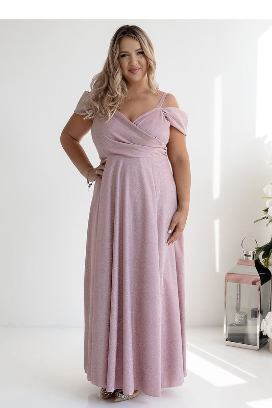With You luxurious long dress showcasing a fitted waist and flowing material, perfect for glamorous evening events.