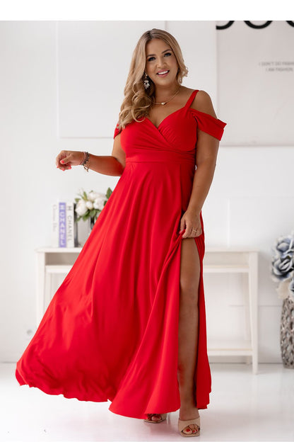 Elegant long flared dress with wrap neckline, created by With You, showcasing luxurious thin straps and a stylish slit.