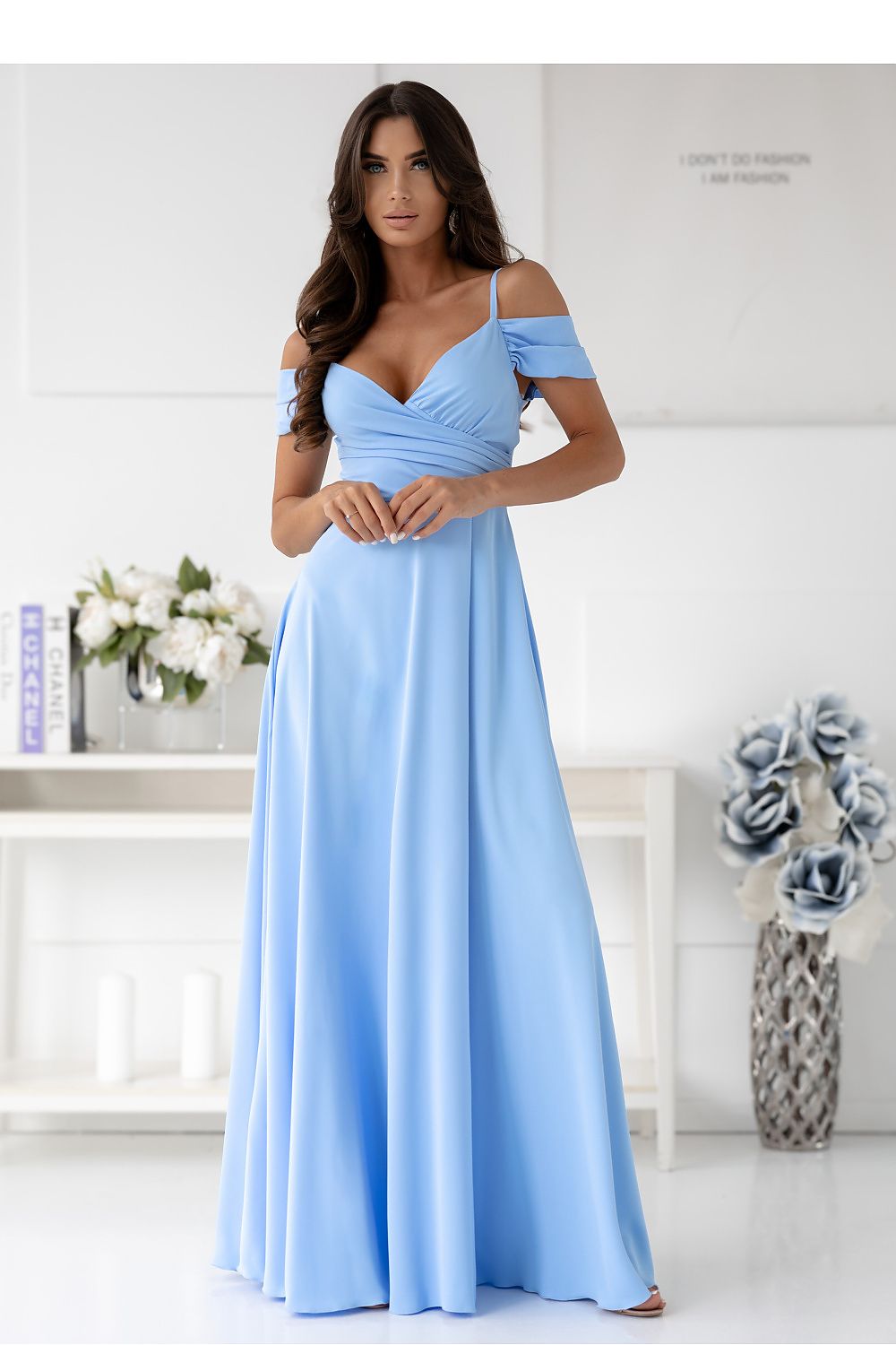 Full view of the elegant long dress by With You, perfect for special occasions with its flared design and knee-high slit.