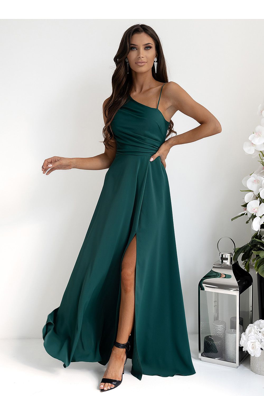 Full view of the stunning asymmetrical strap long flared dress in various sizes by With You, perfect for formal events and upscale occasions.