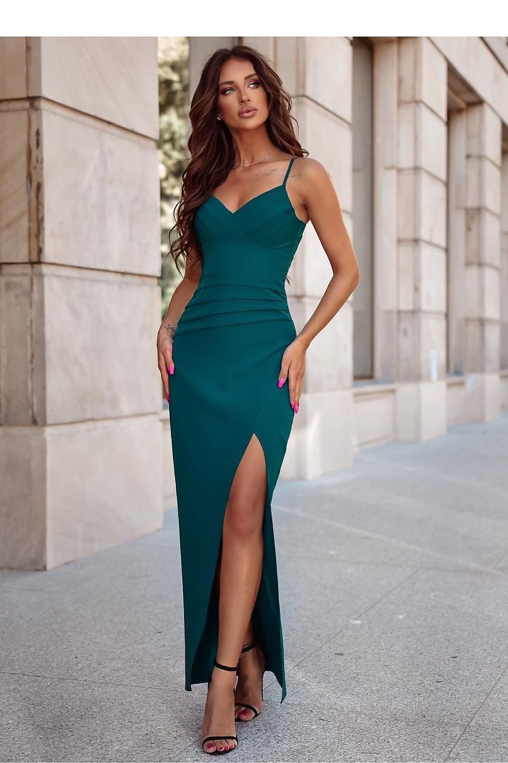 Full-length elegant long dress with a thigh-high slit, designed by With You for a stunning silhouette.