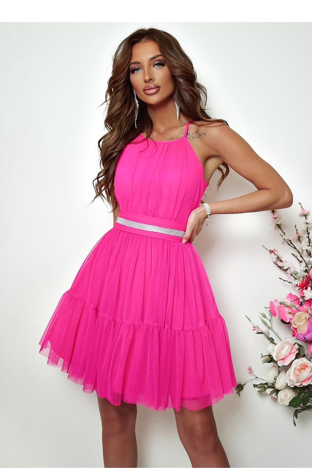 Elegant tulle evening dress with adjustable ties and decorative belt by With You, showcasing luxury style and flattering fit.