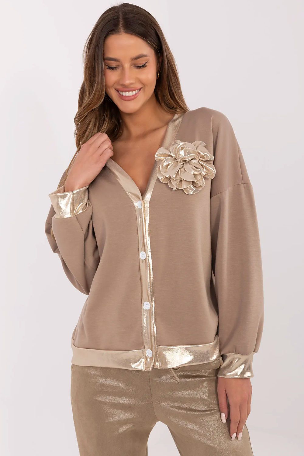 Luxurious V-neck blouse by Italy Moda featuring a detachable flower-shaped brooch, crafted from a high-quality polyester-viscose blend, designed for a perfect flattering fit.