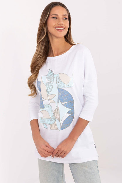 Elegant casual women's blouse by Factory Price, featuring a soft cotton blend, stylish ribbed sleeves, and a unique print for an elevated everyday look, available in sizes S to XL.