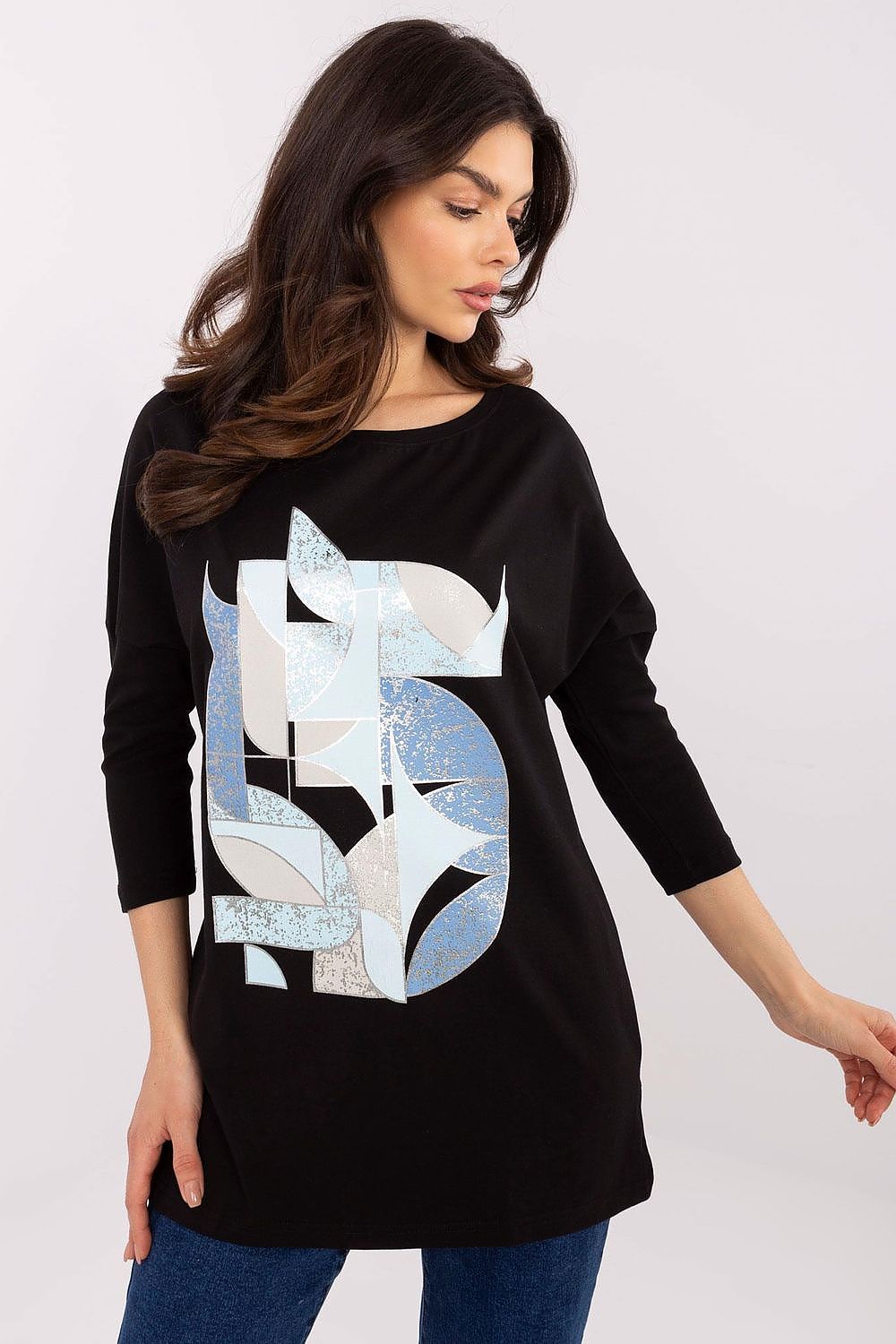Close-up of the unique front print on Factory Price's casual women's blouse, highlighting its luxurious texture and stylish design, available in sizes S to XL.