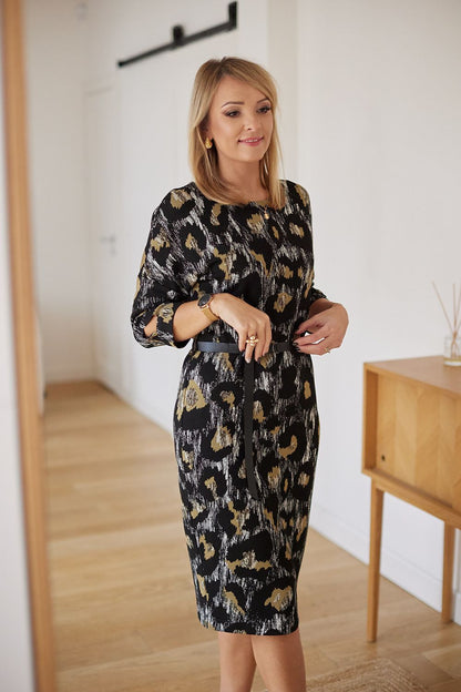 La Aurora Kimono-Style Daydress in luxurious jacquard knit, designed for mature women, showcasing an eco leather belt and a flattering silhouette.