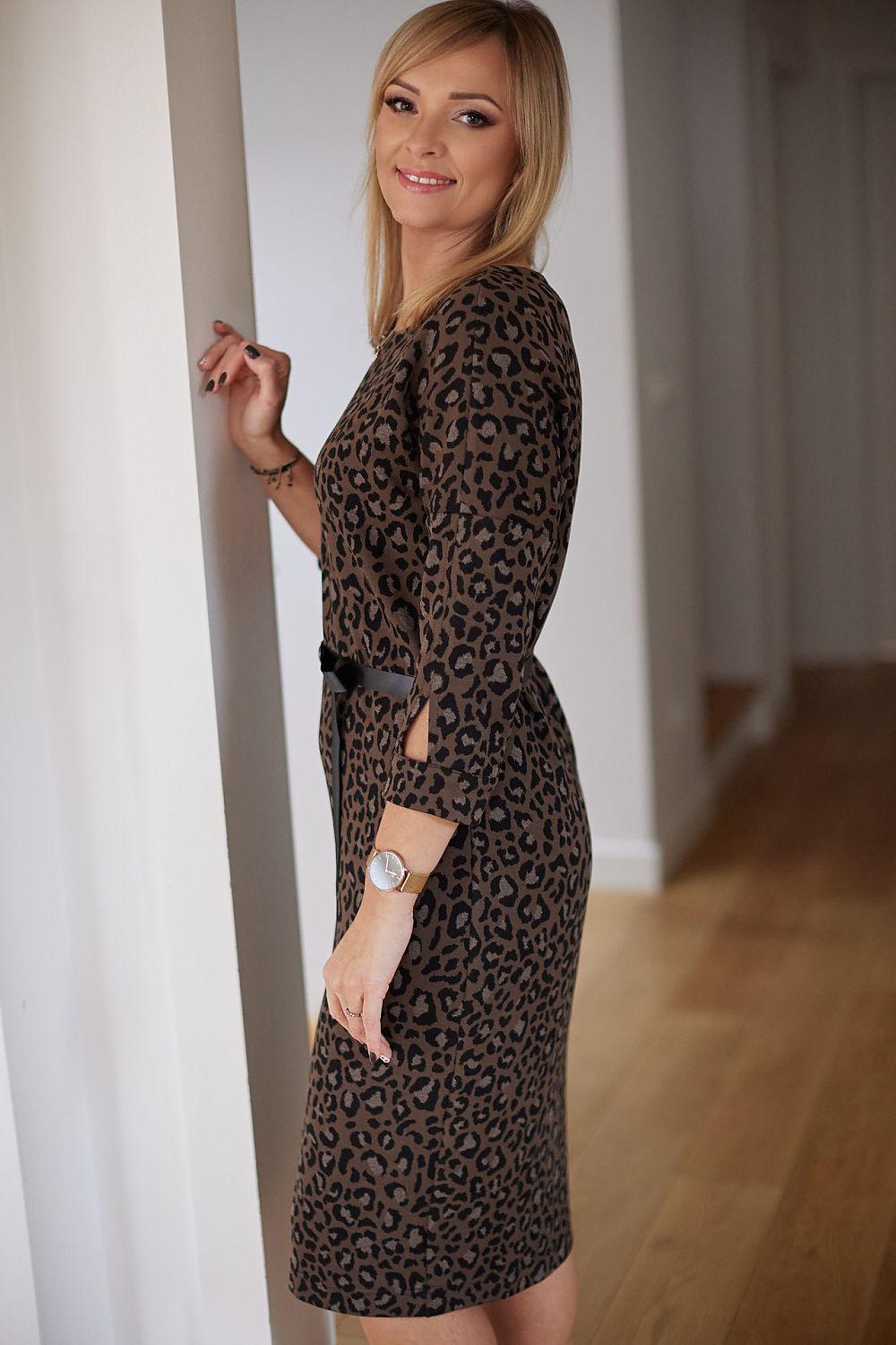 Elegant LAAURORA Women's Jacquard Knit Daydress in muted colours, showcasing its sophisticated kimono top and eco-leather belt, ideal for mature women.