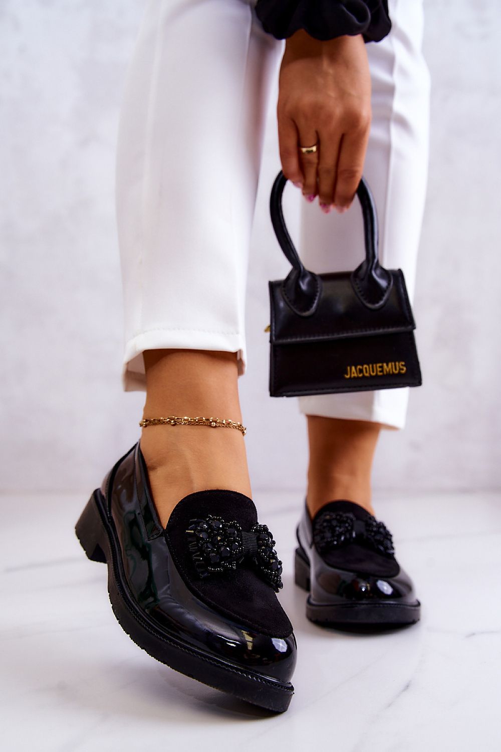 Elegant women's moccasins by Step in Style crafted from eco suede and patent leather featuring a delicate bow ornament, perfect for luxury fashion lovers.