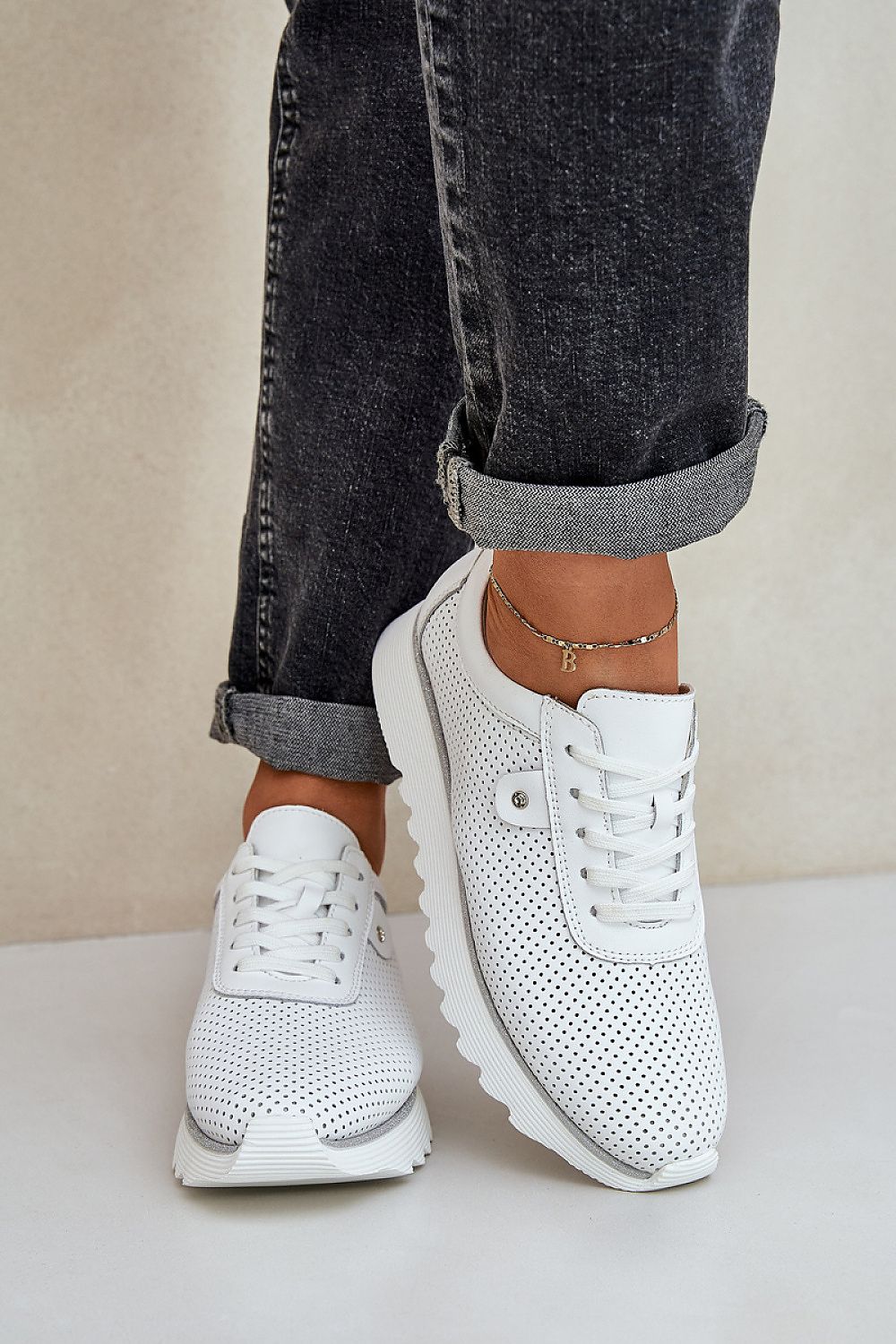 Elegant women's leather sports shoes with sequins by Step in Style, featuring a trendy design, natural leather fabric, and a comfortable platform.