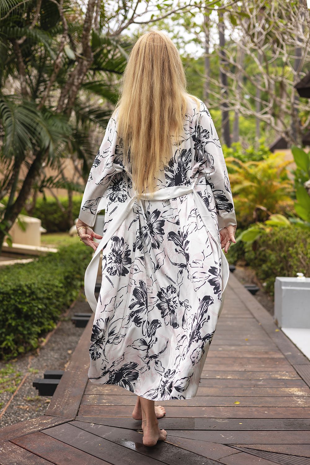 Kalimo satin bathrobe nightgown in various sizes displayed, representing the inclusive luxury of this exotic attire suitable for all shapes.