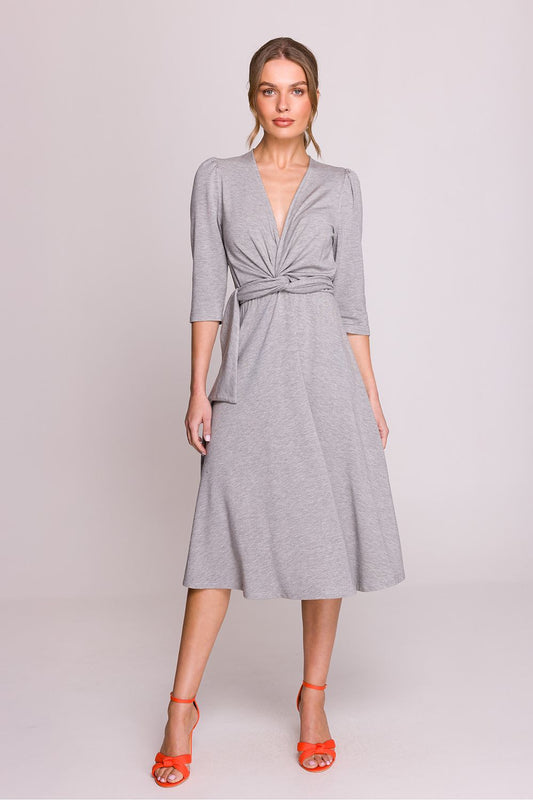 Stylove elegant women's V-neck modal daydress with waist tie, featuring a fitted top, 3/4 sleeves, and knee-length design for a luxurious look.
