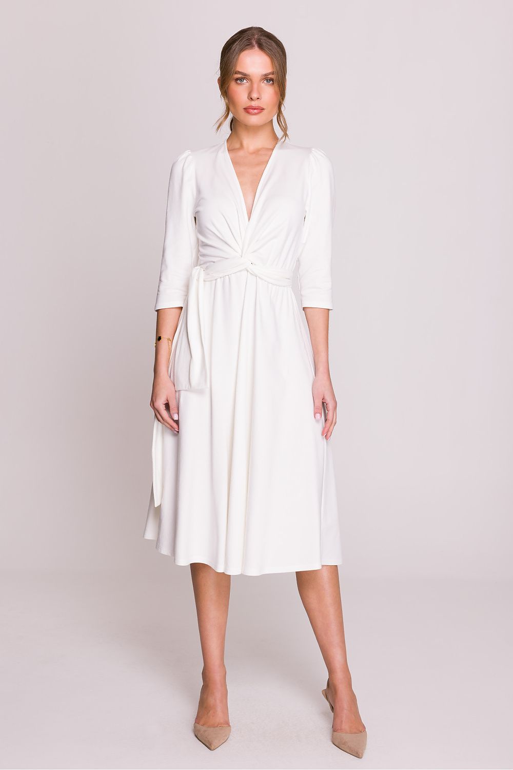 Stylove classy knee length daydress in modal fabric, highlighting the garment's stylish silhouette and feminine charm.