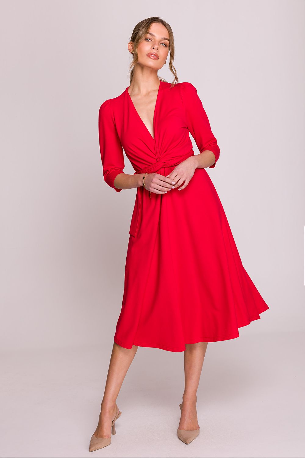 Stylove Elegant V-Neck Modal Daydress in a chic knee-length design, featuring a fitted top, waist tie, and 3/4 sleeves, perfect for luxurious daytime wear.