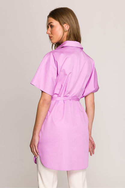 Elegant and stylish oversized cotton tunic shirt by Stylove, featuring a classic collar, short kimono sleeves, and an attached belt for versatile waist styling options. Perfect for both casual wear and special occasions.