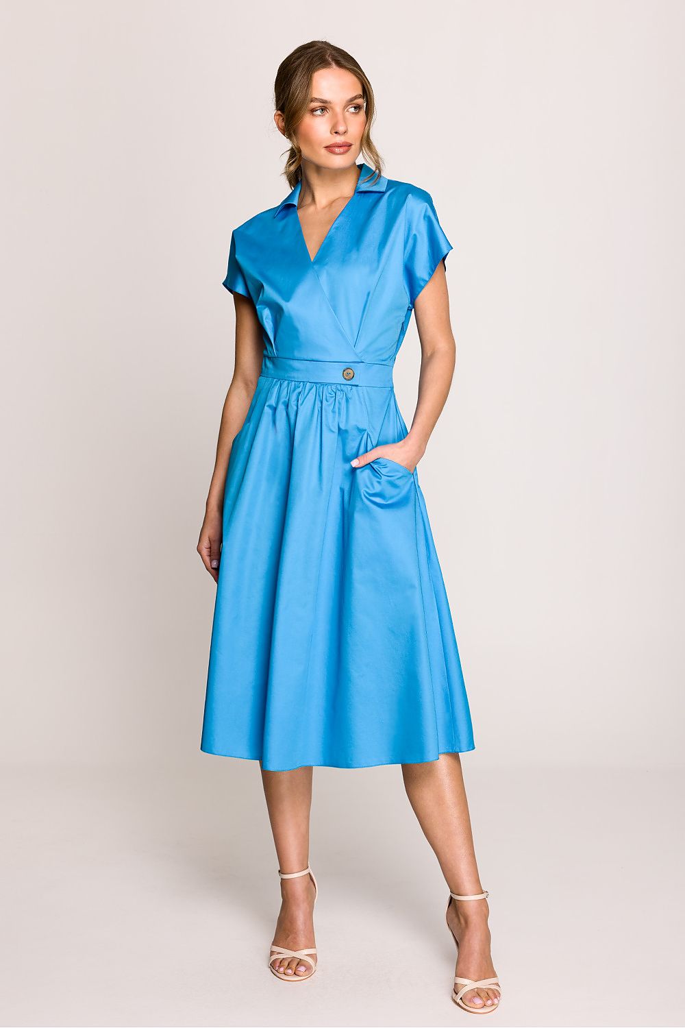 Stylove elegant 100% cotton shirt dress in a graceful design, featuring waist gathering and short sleeves, perfect for a luxurious summer look.