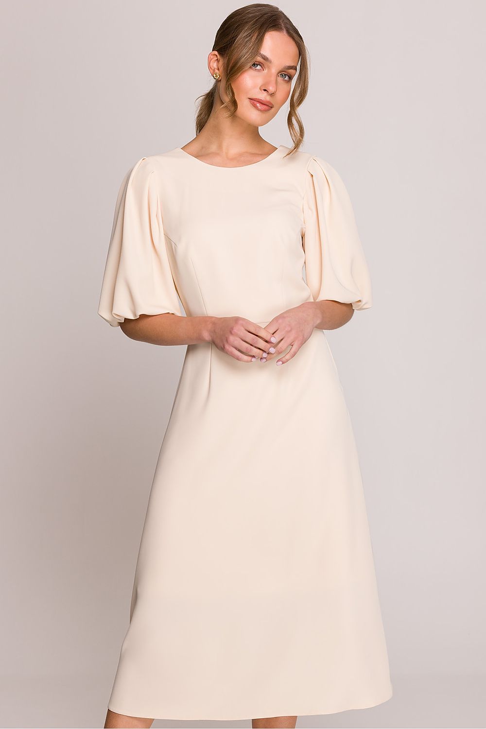 Stylove elegant midi dress featuring a flared silhouette and puff sleeves, designed for special occasions and everyday luxe wear.