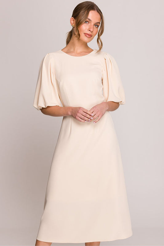 Stylove elegant midi dress featuring a flared silhouette and puff sleeves, designed for special occasions and everyday luxe wear.