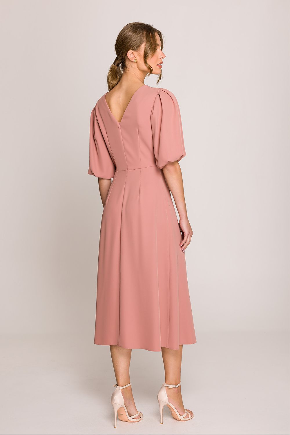 Stylove elegant midi dress with flared silhouette and puff sleeves, perfect for romantic occasions.