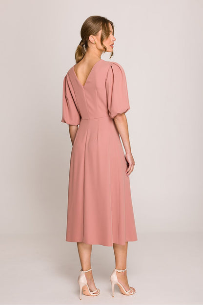 Stylove elegant midi dress with flared silhouette and puff sleeves, perfect for romantic occasions.