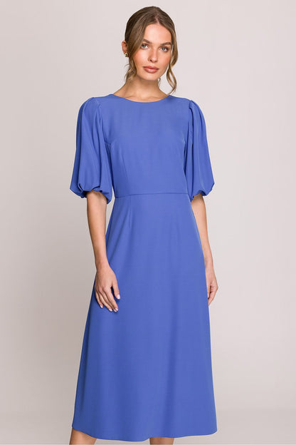 Stylove midi dress detail showcasing the delicate puff sleeves and stylish round neckline.