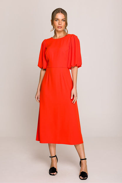 Stylove romantic midi dress with classic round neckline and delicate puffy sleeves, designed for special occasions and casual elegance.
