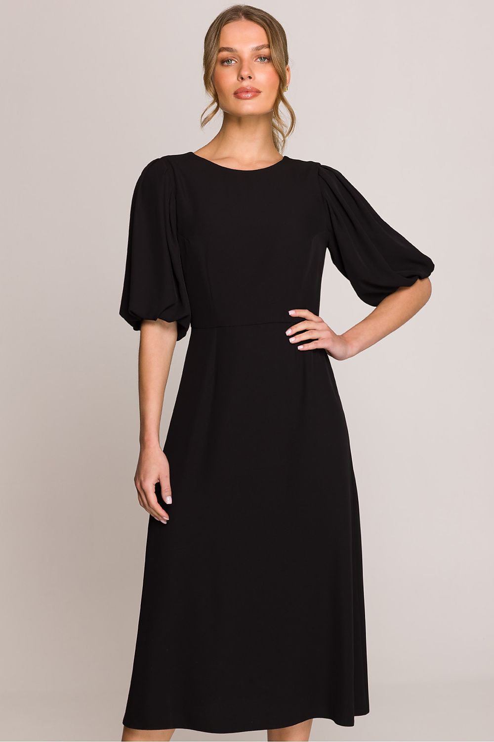 Stylove elegant midi dress in premium fabric, designed with intricate details and a concealed zipper for a sophisticated look.