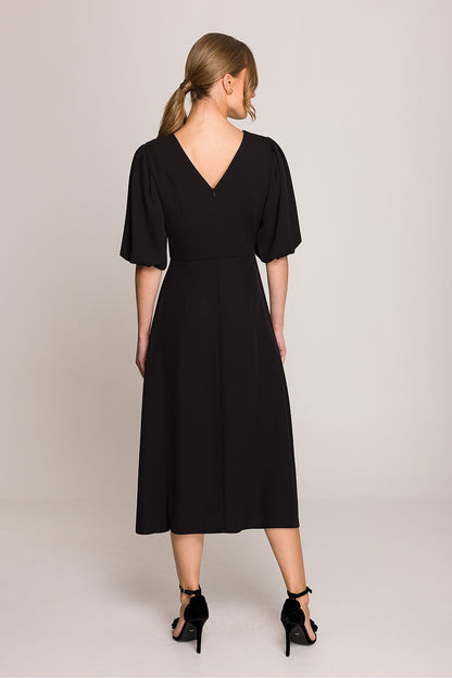 Stylove elegant midi dress featuring a flared silhouette and puff sleeves, perfect for everyday wear or special occasions. Designed with a round neckline and subtle V-shaped back, this romantic dress showcases feminine style and comfort. Available in sizes S-XL.