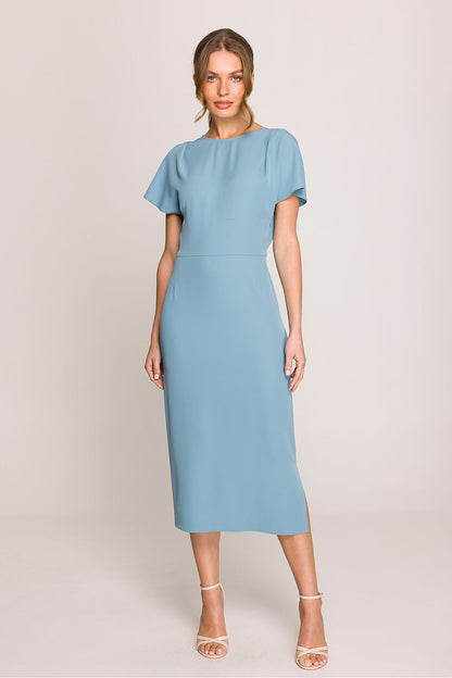 Elegantly styled Stylove midi dress featuring a V-back neckline and fitted silhouette, perfect for special occasions.