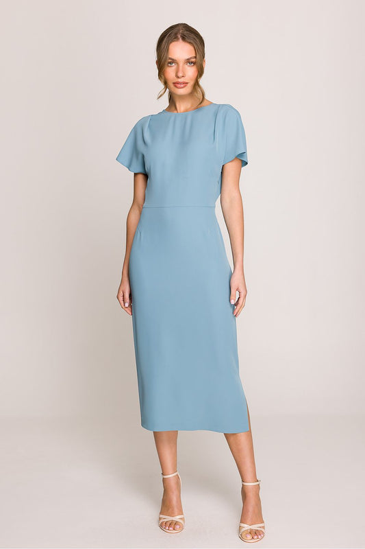 Elegantly styled Stylove midi dress featuring a V-back neckline and fitted silhouette, perfect for special occasions.