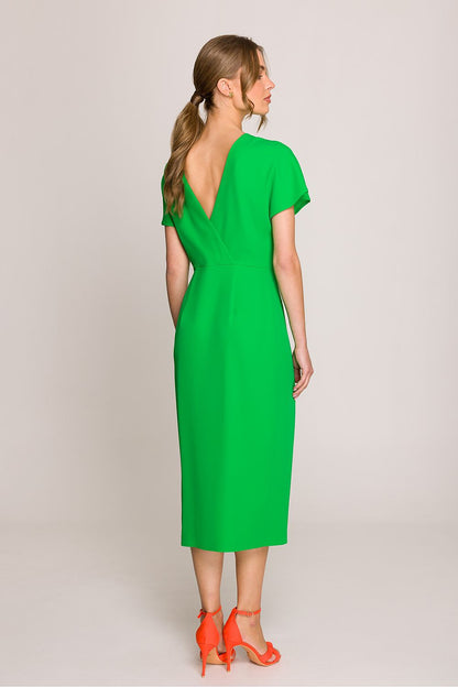 Stylish Elegant Stylove Midi Dress with V-back neckline, perfect for special occasions, showcasing feminine silhouette and comfort.
