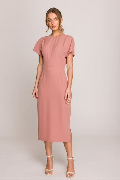 Elegant Stylove Midi Dress displayed on a model, featuring fitted cut and side slit, perfect for receptions and formal events.