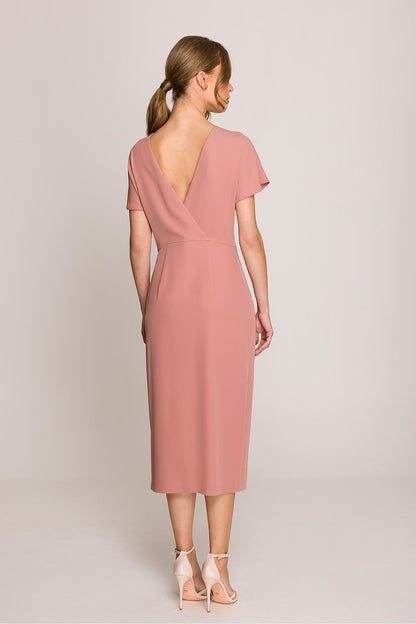 Back view of the Elegant Stylove Midi Dress, emphasizing the deeper V-back neckline, designed for sophistication and femininity.