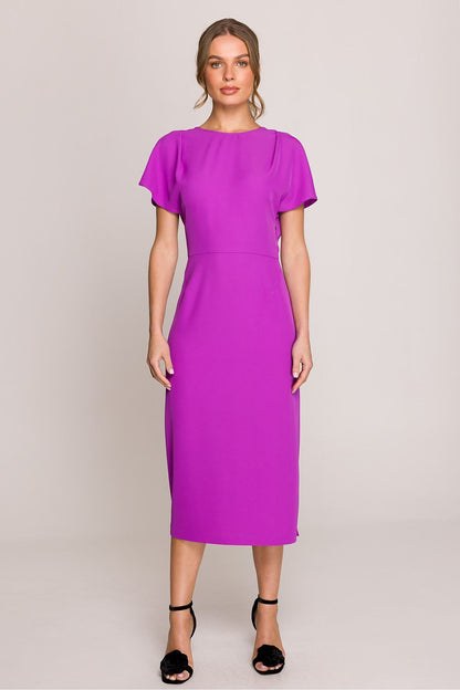 Back view of Elegant Stylove Midi Dress to emphasize the deeper V-shaped neckline.