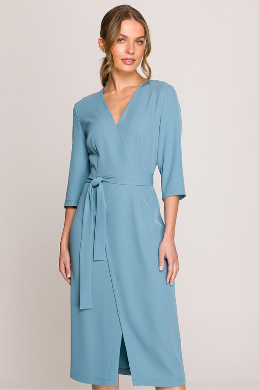 Stylove Elegant Midi Dress with V-Neckline showcasing a feminine silhouette, perfect for special occasions.