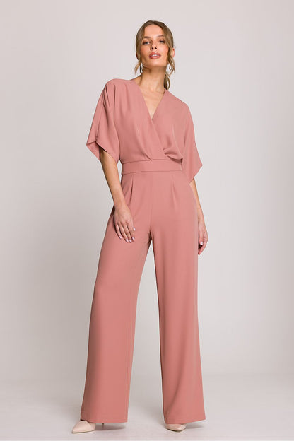 Stylove design showcasing a stylish women's jumpsuit with flared pants and side pockets, ideal for work or formal events.