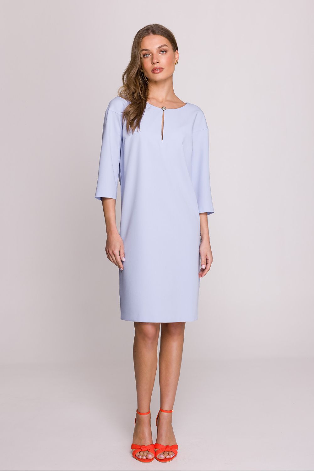 Stylove elegant loose fit daydress with 3/4 sleeves, featuring a delicate slit and hidden back zipper, perfect for luxurious casual wear.