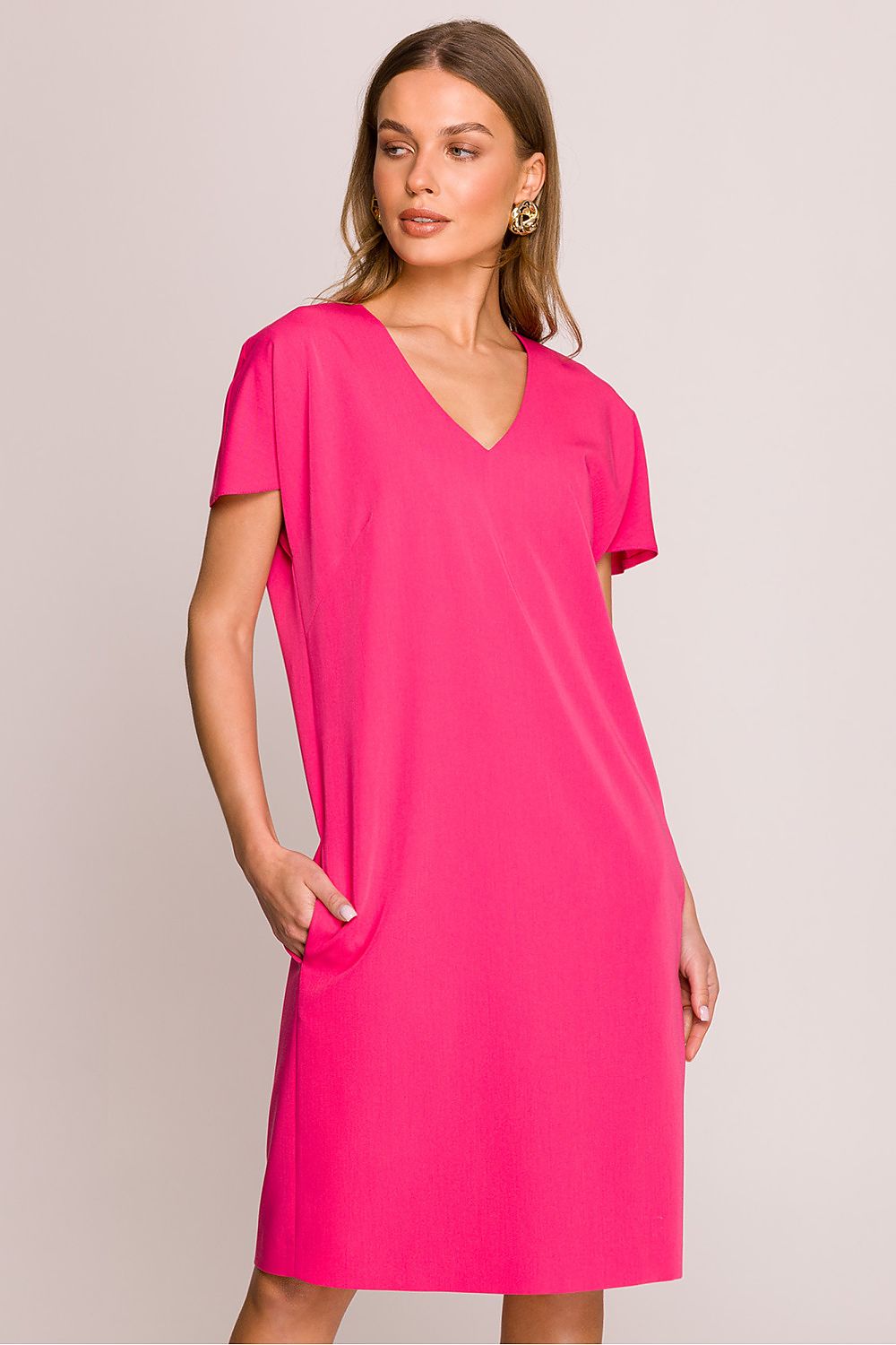 Stylove Women's V-Neck Daydress in luxurious fabric, displaying an elegant knee-length design perfect for sophisticated daytime wear.