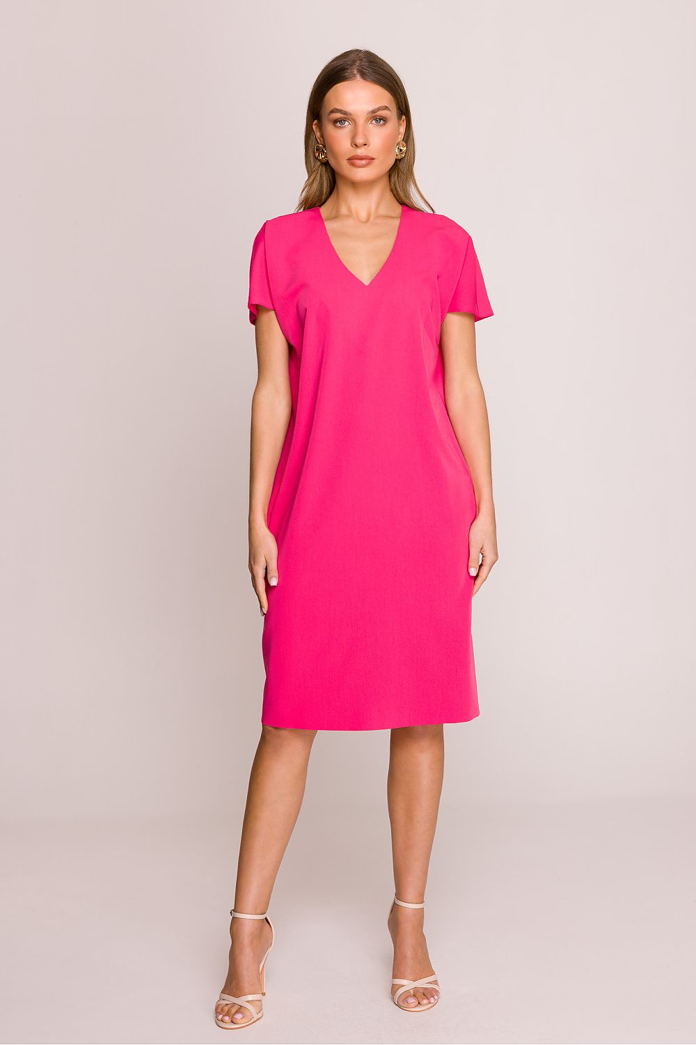 Stylove Women's Elegant Knee-Length Daydress featuring a V-neck and short sleeves, ideal for warm days and classy occasions.