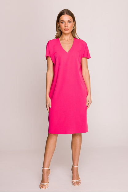 Stylove Women's Elegant Knee-Length Daydress featuring a V-neck and short sleeves, ideal for warm days and classy occasions.