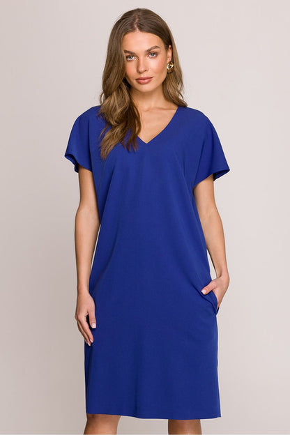 Stylove Women's V-Neck Daydress showcasing elegant knee-length design, perfect for any occasion.