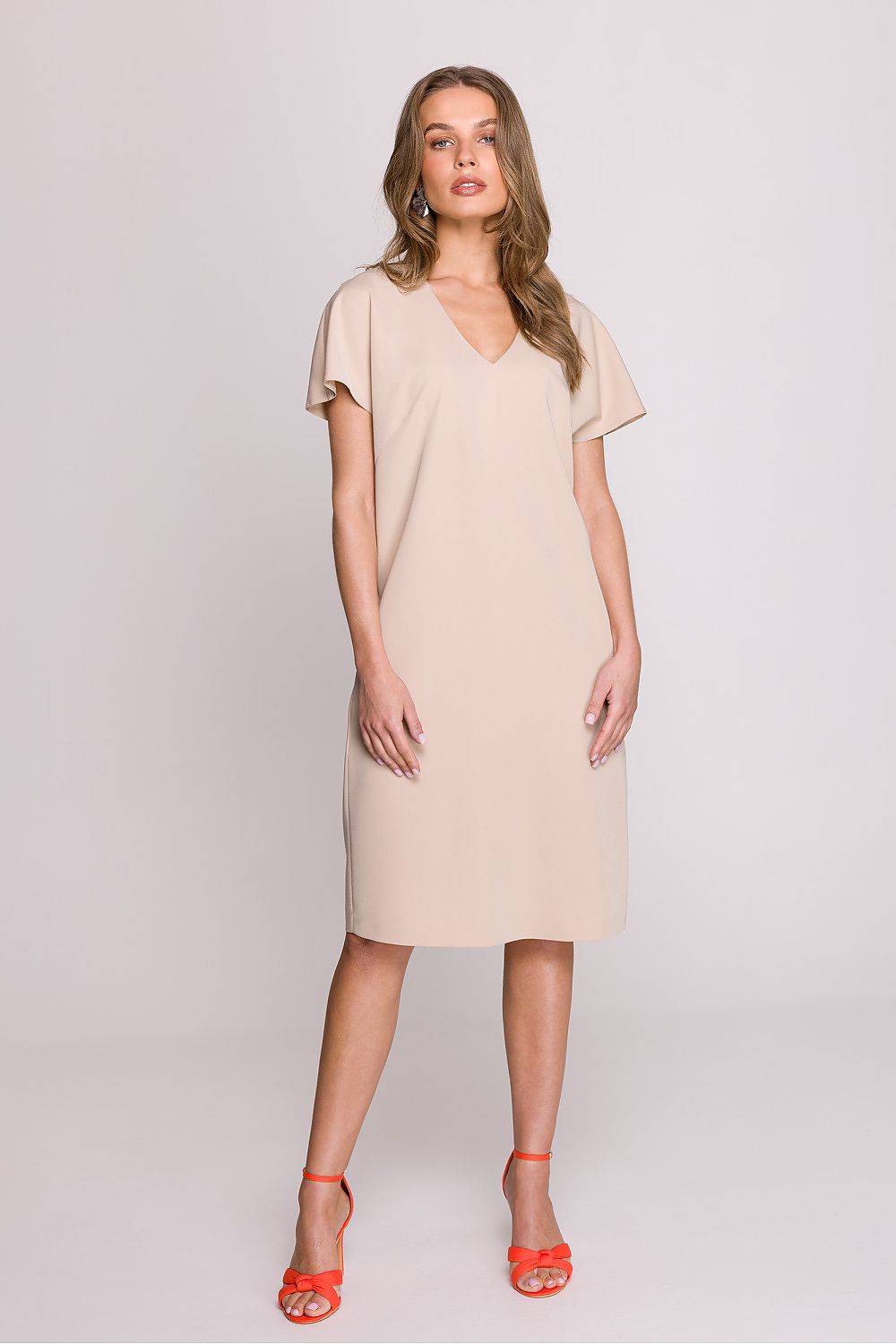 Elegant knee-length Stylove Women's V-Neck Daydress, featuring short sleeves and subtle V-neck for a flattering silhouette.