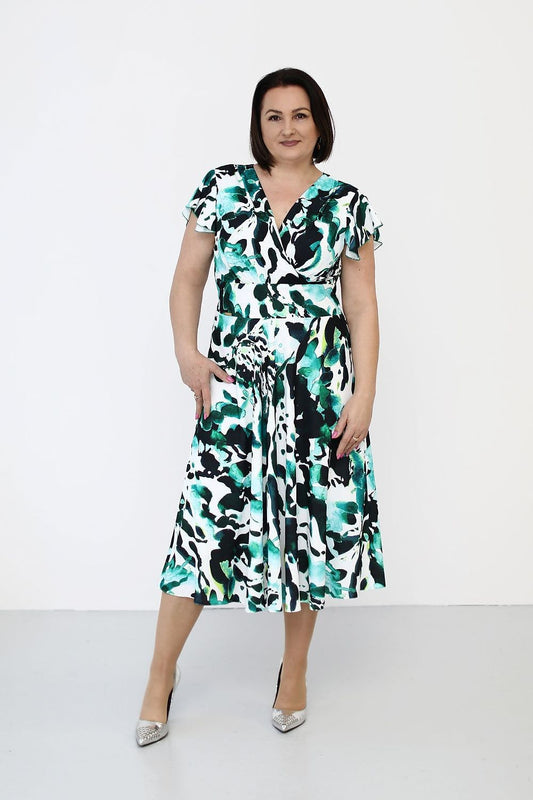 Elegant Midi Wrap Dress by Jersa featuring flowy sleeves and a fitted waist, designed for comfort and style, available in sizes XS to XXXL for luxurious occasions.