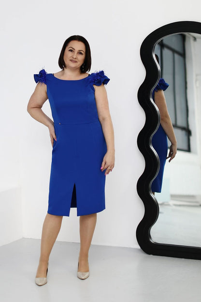 Full-length display of the Jersa elegant midi cocktail dress showcasing the exquisite silhouette and ruffled top design perfect for evening events.