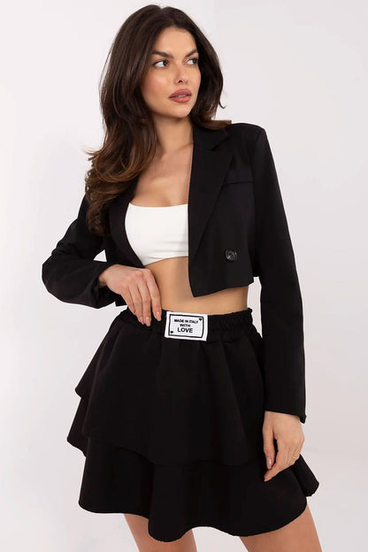 Italy Moda flared mini skirt styled with a basic T-shirt, illustrating how it seamlessly complements both casual and elegant outfits.