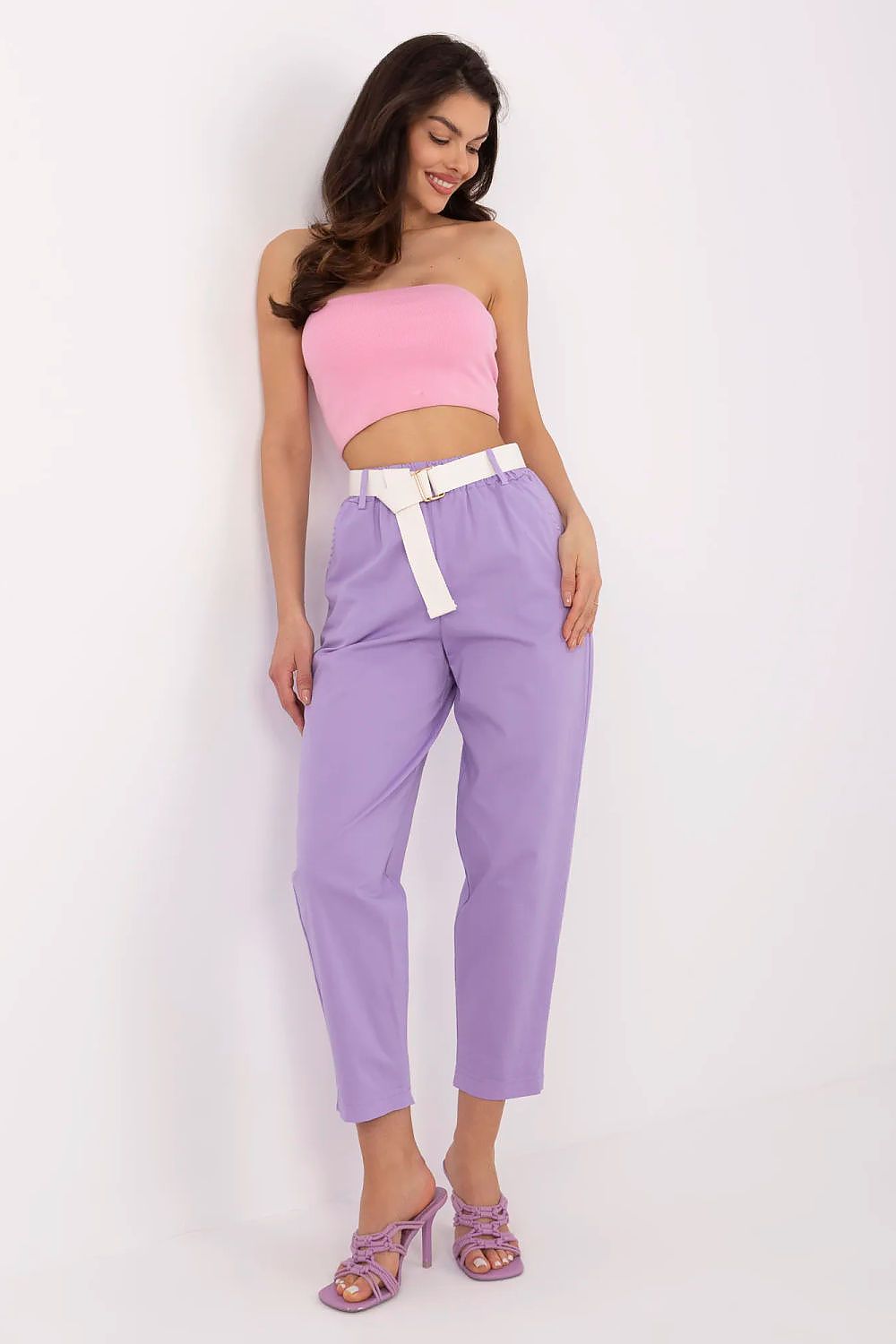 Italy Moda women's trousers with a high waist and buttoned fabric belt, showcasing elegance and comfort for work and leisure.