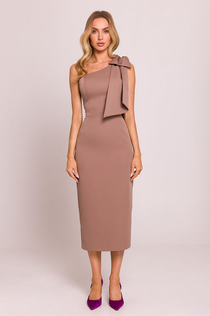 Elegant Asymmetrical Cocktail Dress with High Slit by Moe, featuring a sophisticated pencil silhouette and a stylish bow accent on the shoulder.