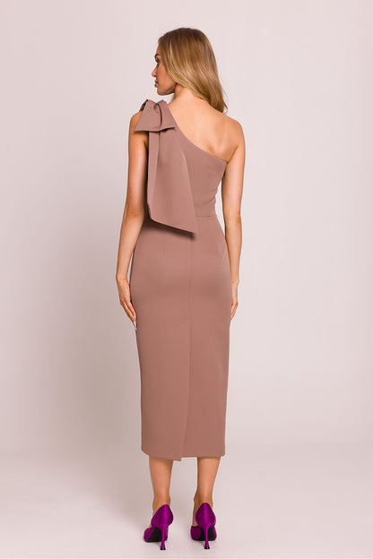 Back view of the Elegant Asymmetrical Cocktail Dress by Moe showing a high slit that offers a touch of sensuality and elegance.