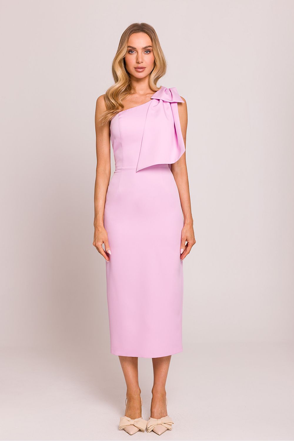 Elegant Asymmetrical Cocktail Dress by Moe featuring a high slit and delicate bow detail, perfect for special occasions